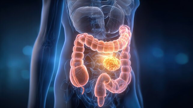 Detailed medical 3D illustration of colorectal cancer development inside human large intestine, showing malignant tumor growth, intestinal wall lesions, polyp deterioration, digestive system pathology