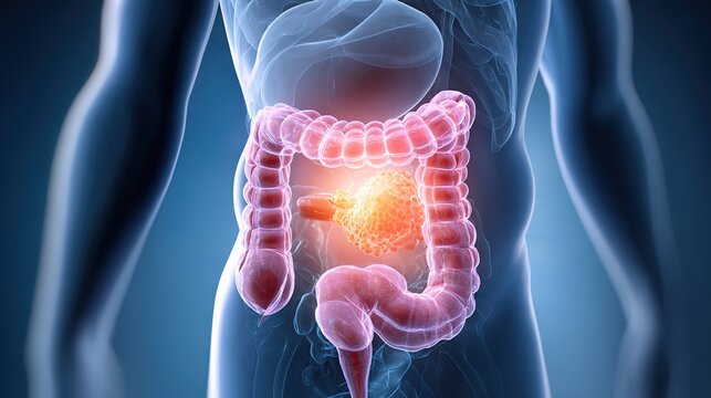 Detailed medical 3D illustration of colorectal cancer development inside human large intestine, showing malignant tumor growth, intestinal wall lesions, polyp deterioration, digestive system pathology