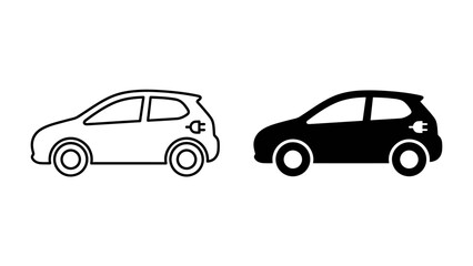 Fototapeta premium Electric Car Icons: Two minimalist icons, one outlined in white and the other solid black, depict an electric car with a charging port symbol, representing sustainable transportation.