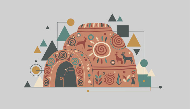 Artistic tribal style hut illustration with deer and sun motifs surrounded by geometric shapes and lines.