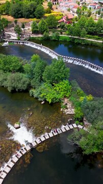 Establishing Shot of Poldras Stepping Stones Over, Amarante, Portugal