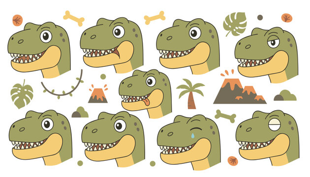 Assortment of cartoon Tyrannosaurus Rex dinosaur heads showing various facial expressions and emotions.
