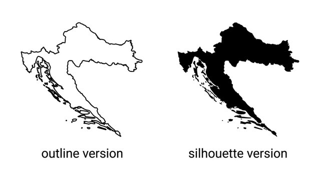 Croatia Outline and Silhouette: A clear visual representation of Croatia's geographical shape presented in two distinct styles: a simple outline and a solid silhouette.