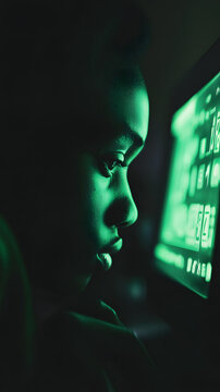 Programmer works late at night in front of a glowing computer monitor that casts a vibrant green light onto their focused face in the darkness.