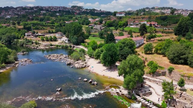 Aerial View of Tamego River and Stepping Stones, Amarante, Portugal