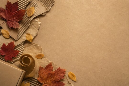 Autumn background with copy space on corrugated brown paper for seasonal retail promotion autumn leaves fall leaves eco friendly background seasonal