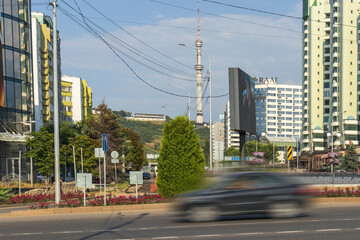 Naklejka premium 15 July 2026, View of the Kok-Tobe TV and Radio tower from the Al Farabi Avenue