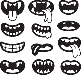 Obraz premium Collection of comic monster mouths with teeth, tongues, and drool expressions cartoon style.