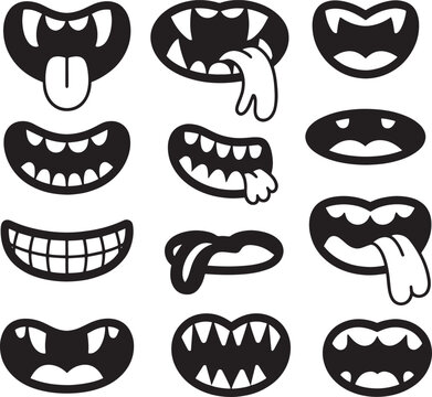 Collection of comic monster mouths with teeth, tongues, and drool expressions cartoon style.