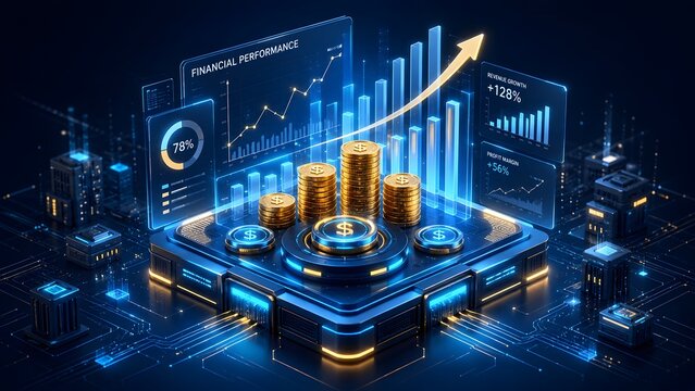 Futuristic digital platform visualizing financial performance and revenue growth through interactive data charts and golden dollar coins, symbolizing successful business analytics