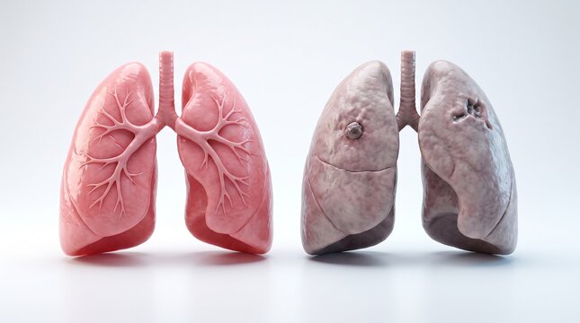 Comparison of healthy pink lungs and diseased cancerous smoker lungs 3d illustration