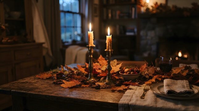Cozy thanksgiving background rustic table setting with candles and autumn foliage