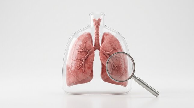 Human lungs inside transparent glass shield with magnifying glass for medical research and respiratory health screening 3D illustration