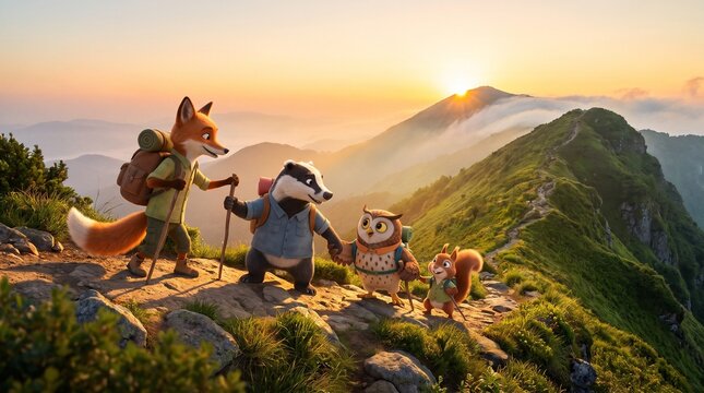 Adorable woodland animal friends reaching a mountain summit during golden sunrise, symbolizing achievement, teamwork and outdoor adventure.
