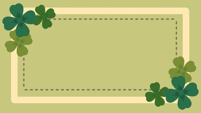 Flat vector illustration  rectangular border featuring green shamrock clovers and a dashed inner line,. St. Patrick's Day decorative frame with spacious copy space, 