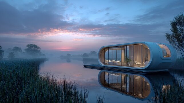 A modern dwelling, with curved structure and large windows, floats serenely on a lake during a tranquil dusk. The sunset paints the sky
