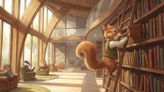 Adorable squirrel searching for books inside a beautiful library with warm sunlight, towering bookshelves and peaceful atmosphere.