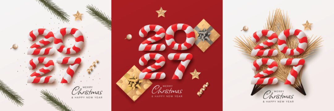 Merry Christmas and Happy New Year 2027 Greeting Card with Candy Cane Numbers and Festive Holiday Decorations Vector