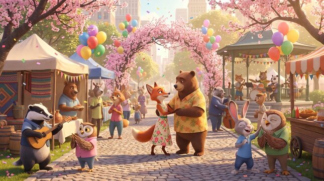 Adorable forest animals gathering at a colorful spring fair surrounded by flowers, balloons and cheerful family activities.