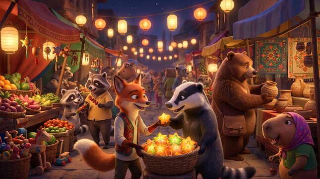 Cute raccoon, fox and woodland animals enjoying a magical lantern festival with colorful decorations and lively night market.