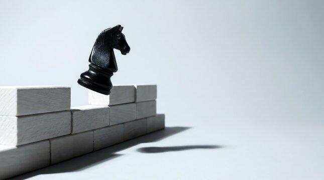 Black Knight Chess Piece Leaping Over White Brick Wall