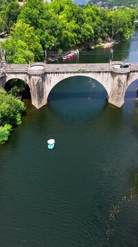 Aerial View of Sao Goncalo Bridge over River, Amarante, Portugal