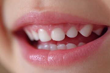 Obraz premium Macro image of pediatric mouth with baby teeth and first permanent molars visible behind