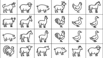 Fototapeta premium Set of various farm animals line icons including cow, sheep, pig, goat, chicken, horse, donkey, llama, rooster, duck, and turkey in simple black outline style on white background