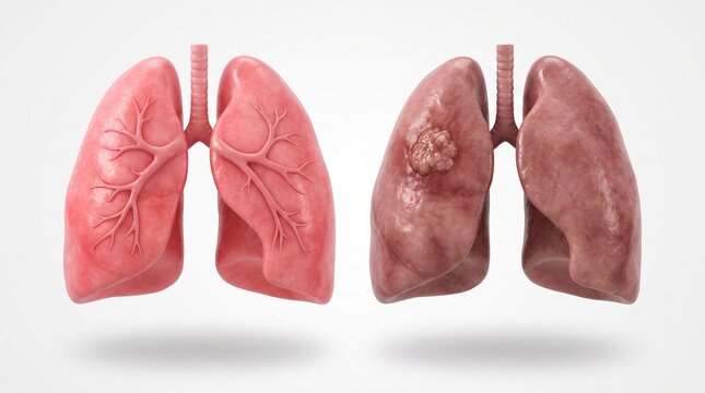 Comparison of a Healthy Human Respiratory System Versus Diseased Lung Tissue with Tumor Growth on a Minimalist White Backdrop