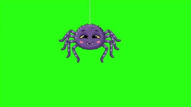 Cute Cartoon Spider Descending on Thread Animation Green Screen and Alpha Channel