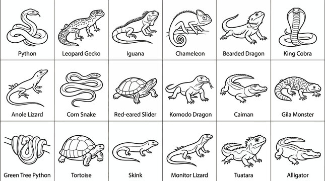Educational illustration set of various reptiles and snakes including python, gecko, iguana, chameleon, bearded dragon, and king cobra in black line art style on white background