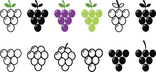 Grapes fruit icon vector set with purple green black outline silhouettes bundle bunch bunch of grapes vineyard berry elements © MDBABULU
