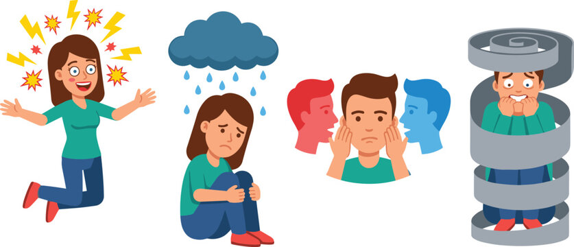 Cartoon Mental Health and Psychiatric Disorder Character Set Representing Mania Depression Schizophrenia and Anxiety Elements for Psychology Graphic Vector Design