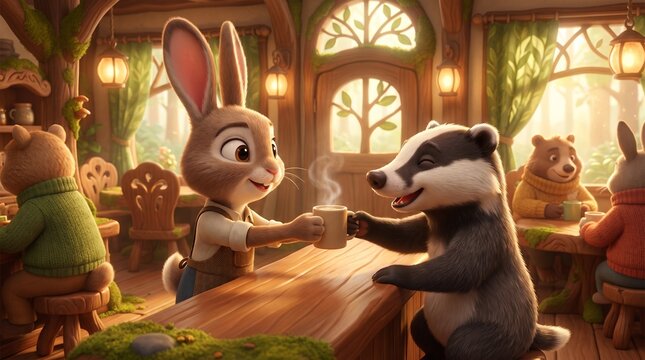Cute rabbit and panda enjoying coffee together inside a cozy woodland caf&eacute;. Warm lighting, friendly atmosphere, adorable anthropomorphic animals, perfect for friendship, lifestyle, and storytelling