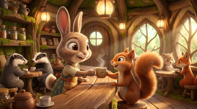 Adorable rabbit, panda and squirrel having a relaxing coffee break in a warm woodland caf&eacute; filled with natural light and rustic interior.