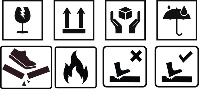 Packaging safety symbols black icon set for delivery cargo box shipping logistics fragile handle with care warning label