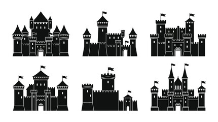 Obraz premium Castles depicted in black silhouette icons represent medieval architecture and historical fortresses.