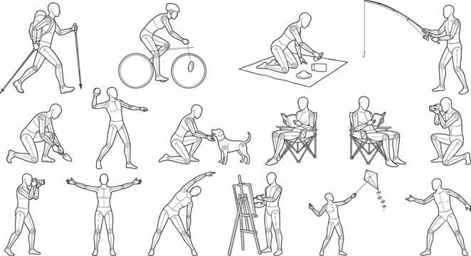 Articulated human dummy character poses set for outdoor leisure and recreation activities vector