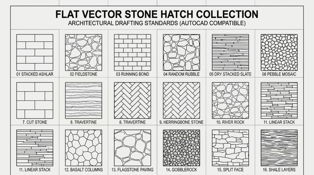 Flat Vector Stone Hatch Pattern Collection for Architectural Design and Digital Drafting
