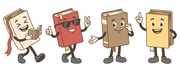 Funny book characters set as cute educational mascots for school reading.