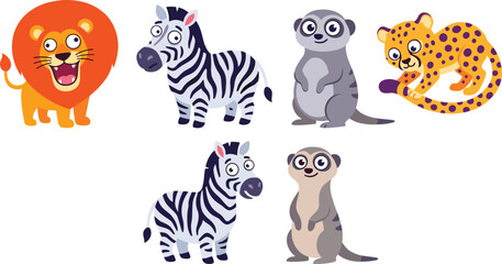 Obraz premium Cute Cartoon African Safari Animal Character Set with Lion Zebra Meerkat and Leopard Icons for Children Book Illustration Graphic Vector Design