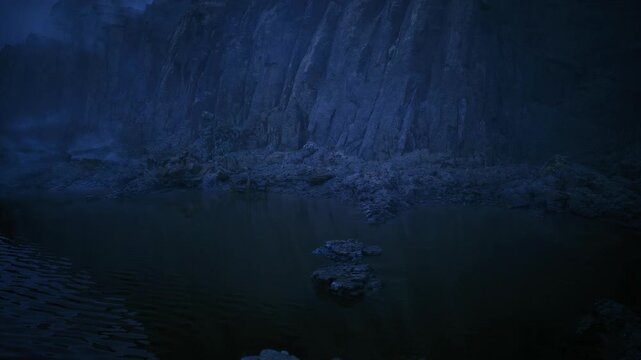 quiet inlet at blue hour, shallow pool and clustered stones reflect steep cliff face, soft mist clinging to rock ledges and faint ripple patterns create