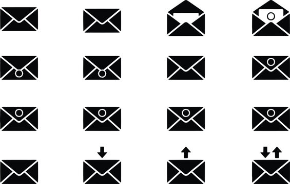 Email envelope icon set vector illustration featuring mail message inbox outbox opened closed letter notification send receive symbols