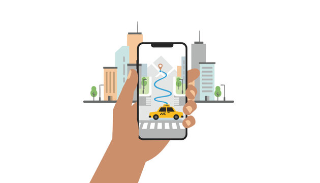 Hand holding a smartphone displaying a taxi app with a navigation route and yellow car icon over a cityscape background.