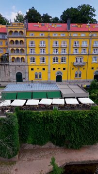 Establishing shot of colorful buildings, Amarante, Portugal