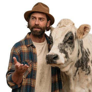 Confused Bearded Farmer in Hat Gesturing Next to a Cow isolated on transparent or white background, png