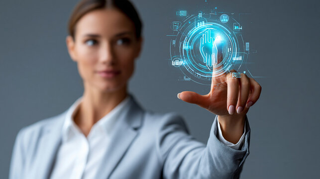 Businesswoman interacting with a virtual e-learning interface, digital training icons, corporate growth strategy, with copy space