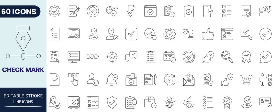 Checkmark icon set in editable stroke outline style. Perfect for verification, approval, validation, task completion, checklist, quality assurance, and productivity concepts.