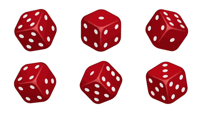 Dice red six-sided cubes are displayed in various isometric orientations against a clean white background.