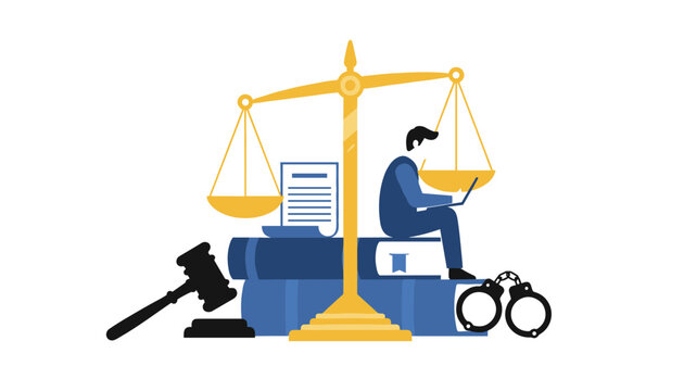 Legal professional working on a laptop sitting on a stack of books with scales of justice and a gavel.